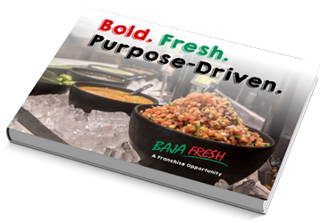 baja-fresh-industry-outlook1 Baja Fresh Mexican food franchise opportunity book mockup, showing a salsa bar with fresh pico de gallo, limes, and sauces on ice. Cover text reads 'Bold. Fresh. Purpose-Driven.' with the Baja Fresh logo and 'A Franchise Opportunity', emphasizing authentic ingredients and a proven fast-casual franchise model.
